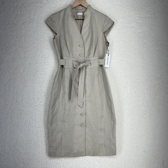 Calvin Klein Dresses & Skirts - NWT Calvin Klein Khaki Belted TieWaist Womens Career Dress SIZE 4 Safari Midi